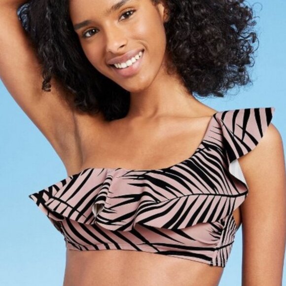 Kona Sol Bikini Top Bathing Suit One Shoulder Padded Black Tan Leaf - Picture 1 of 13